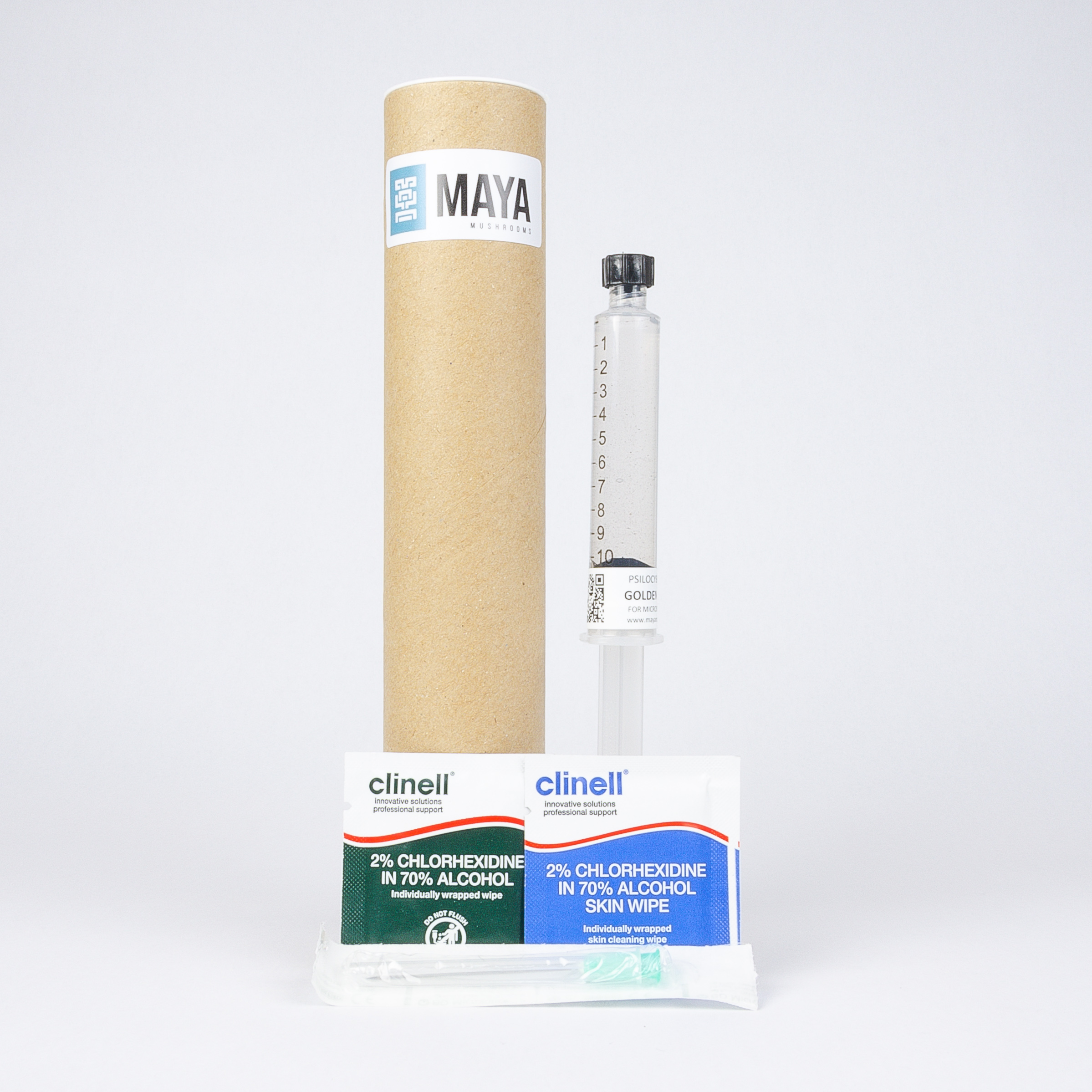 Mushroom Spore Syringe in Packaging Tube, Alcohol Wipes and Needles